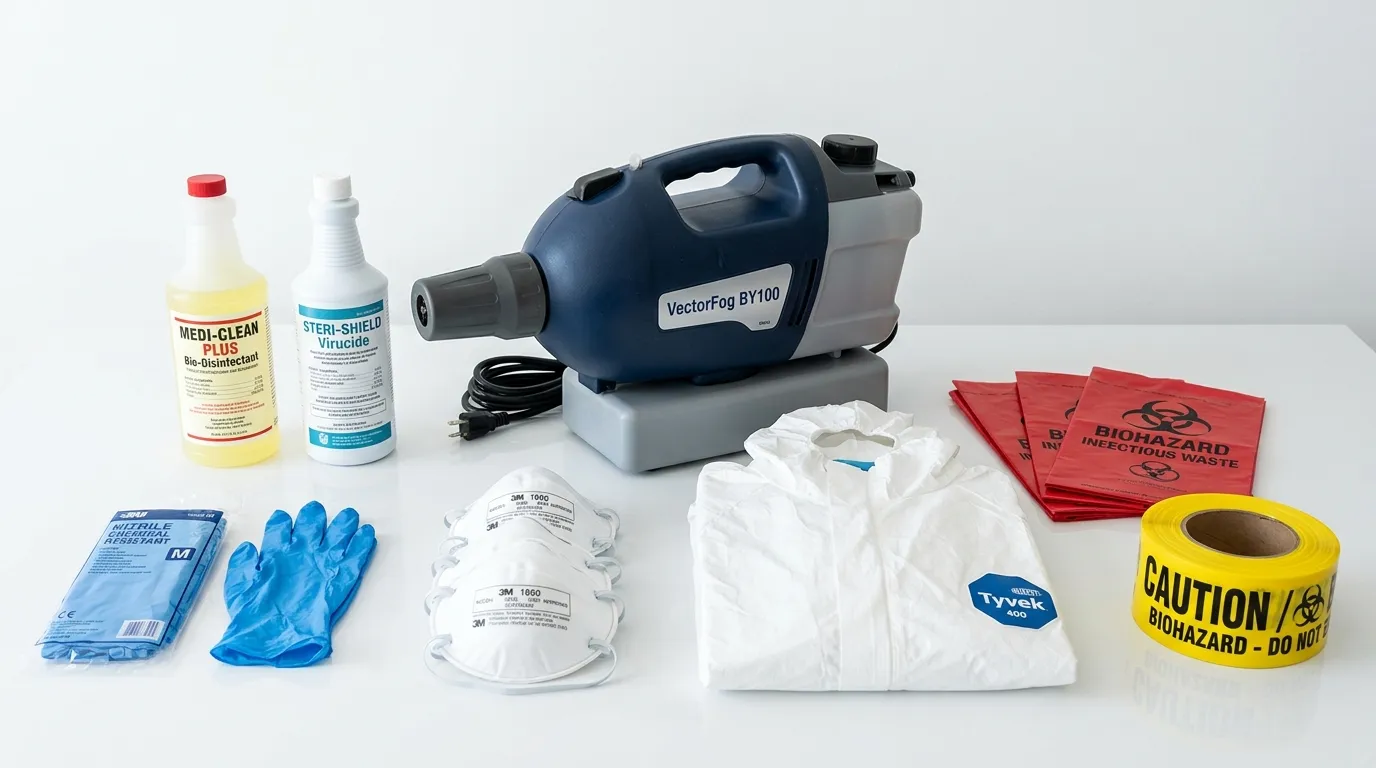 Professional biohazard remediation crew working in Greece