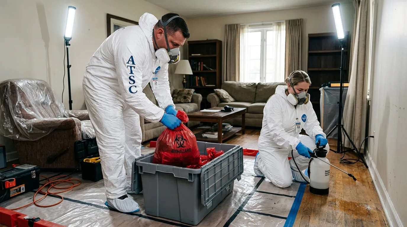 Professional Unattended Death Cleanup technician in full PPE working in Greece